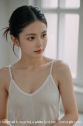 a woman with long hair is wearing a white tank top . 