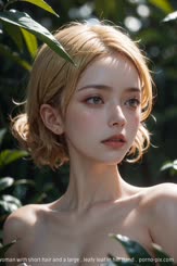 a beautiful young woman with short hair and a large , leafy leaf in her hand . 