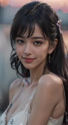 a close up of a person wearing a white top 
