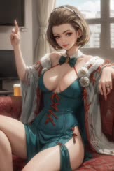 a beautiful woman in a blue dress sitting on a couch