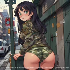 a woman in a military uniform stands in the street . 