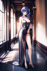 a woman in a dress posing in a hallway