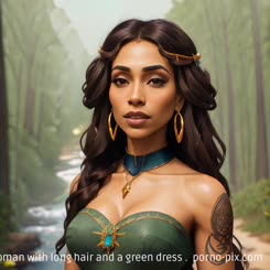 a woman with long hair and a green dress . 