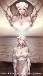 a woman with a large breast and long white hair 