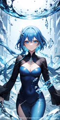 a blue haired woman with blue eyes wearing a blue dress . 