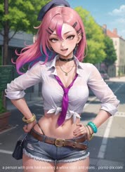 a person with pink hair wearing a white shirt and jeans . 