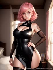 a person with pink hair and a black dress 