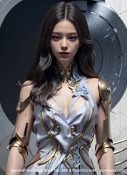 a woman with long black hair and a futuristic look . 