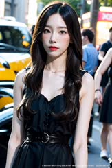 a woman with long black hair wearing a black dress . 