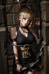 a woman chained to a wall wearing a black dress . 