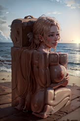 a girl sitting on a chair by the beach
