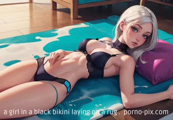 a girl in a black bikini laying on a rug . 