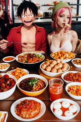 a couple of people sitting at a table with a bunch of food 