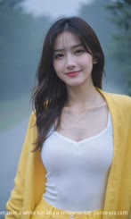 a woman in a white top and a yellow jacket 