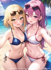 two women are posing for a picture on the beach . 