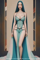a woman in a blue body suit and a blue cloak . 