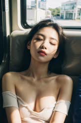 a woman with a white top is sitting on a bus