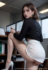 a woman is sitting on a desk and writing . 