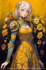 a girl in a yellow dress with a bunch of flowers 