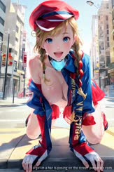 a girl in a hat is posing on the street 