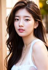 a close up of a woman with long hair wearing a white top