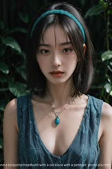a woman with short hair wearing a blue dress and a turquoise headband with a necklace with a pendant.