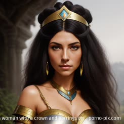 a woman with a crown and earrings on . 