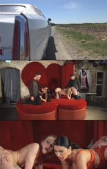 Three girls on red stools