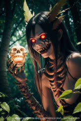 a woman with horns and eyes holding a skull . 