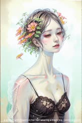 a woman with flowers in her hair wearing a black bra . 