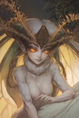 An illustration of a beautiful nake female creature with large antlers and fiery orange eyes.