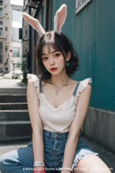 a woman with bunny ears sitting on steps . 