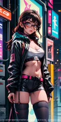 a beautiful woman wearing a leather jacket standing in a city . 