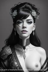 a woman with a head piece and a necklace . 