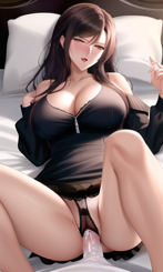 dark hair Mature Woman laying on bed masturbating wet pussy for her sexual pleasure photorealistic 