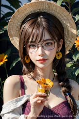 a woman with a straw hat holding a glass of tea . 