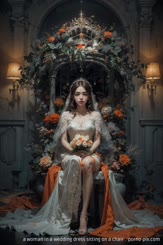 a woman in a wedding dress sitting on a chair . 