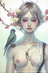 a woman with a bird on her shoulder 
