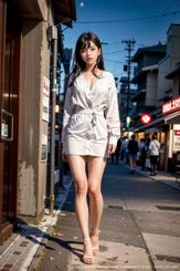 a young woman walking down a sidewalk in a city . 