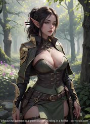 a beautiful woman in a green outfit standing in a forest . 