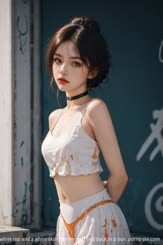 A Chinese hot girl with a sweet smile wearing a white top and a white skirt has her hair tied back in a bun.