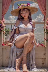 a beautiful young woman with long purple hair and a hat sitting on the fence with a smile on her face.