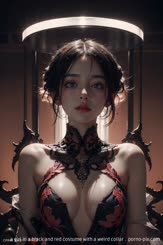 a girl in a black and red costume with a weird collar . 