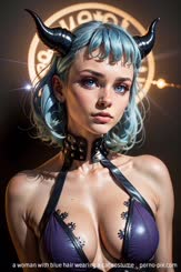 a woman with blue hair wearing a cat costume . 