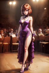 a woman in a purple dress standing in front of a crowd