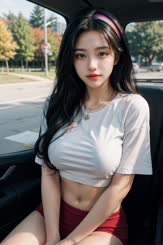 a woman sitting in a car wearing a white shirt