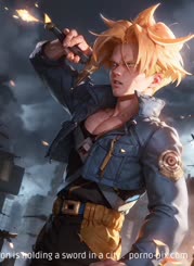 a person is holding a sword in a city . 