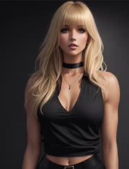 Toned arms Huge bust Black choker on neck Black v neck shirt