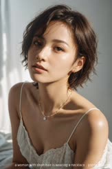 a woman with short hair is wearing a necklace . 