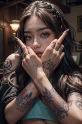 a woman with tattoos and long hair posing for a picture